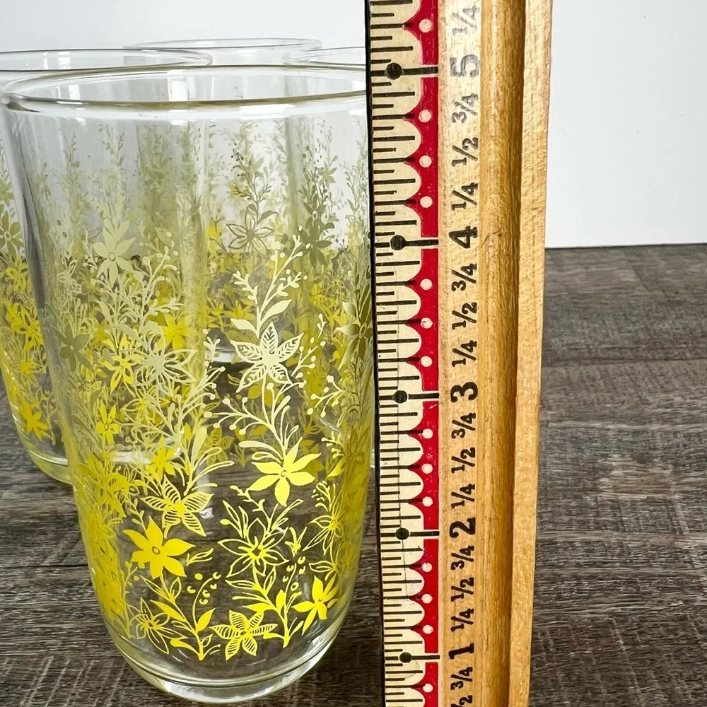 Vintage Drinking Glasses yellow floral MCM retro kitchen‎ cups Glass